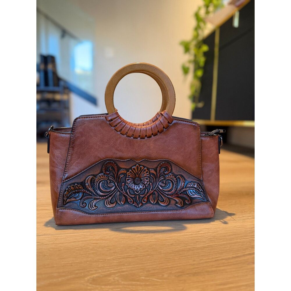 Beautiful Hand-Tooled Leather Handbag with Wooden Handle